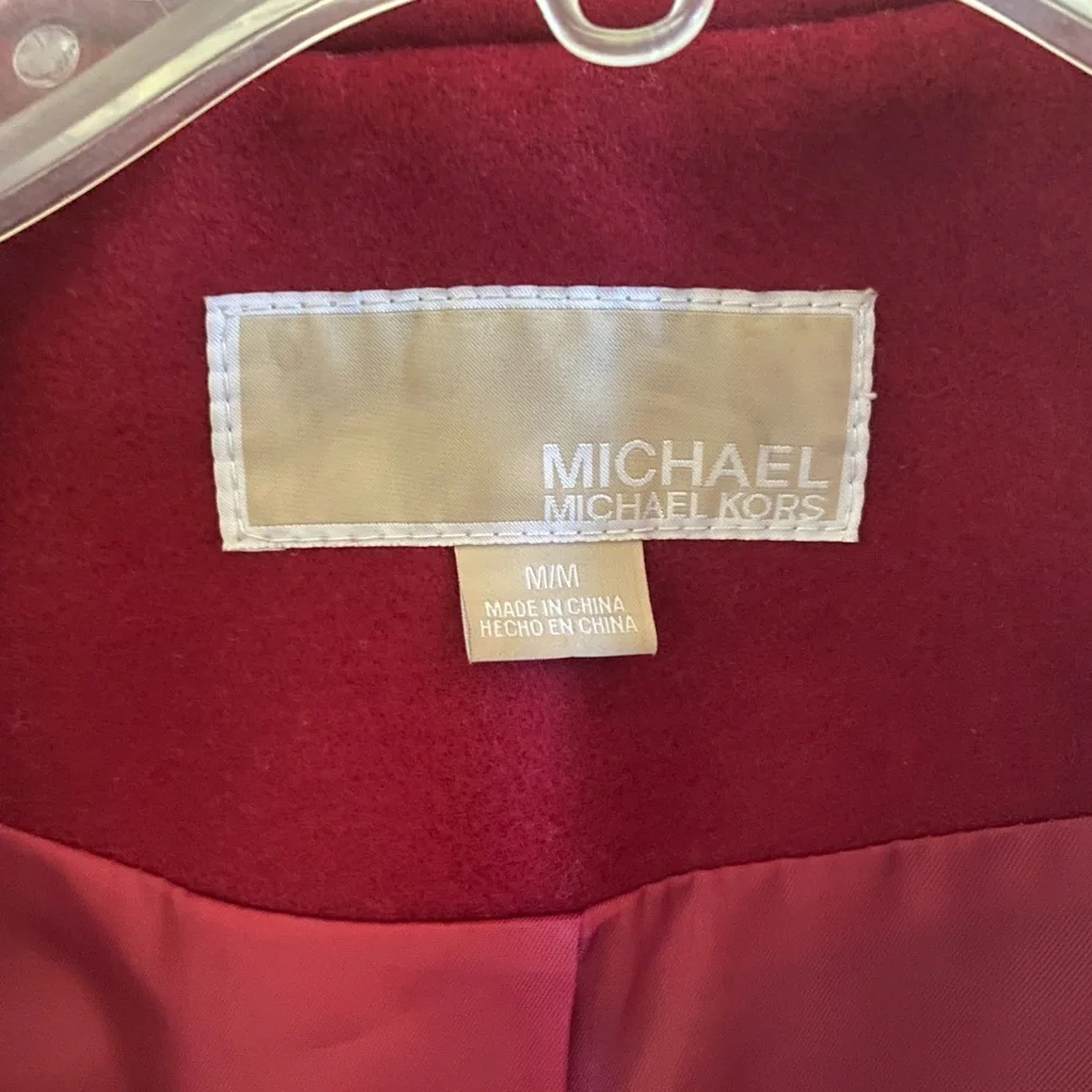 Michael Kors Wool Blend Double Breasted Burgandy Red Pea Coat with Logo Buttons